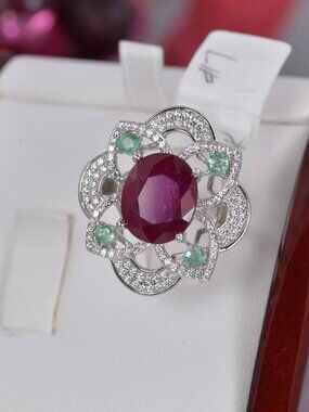 Natural Ruby Ring with Natural Emerald Real 925 Sterling Silver sz 7